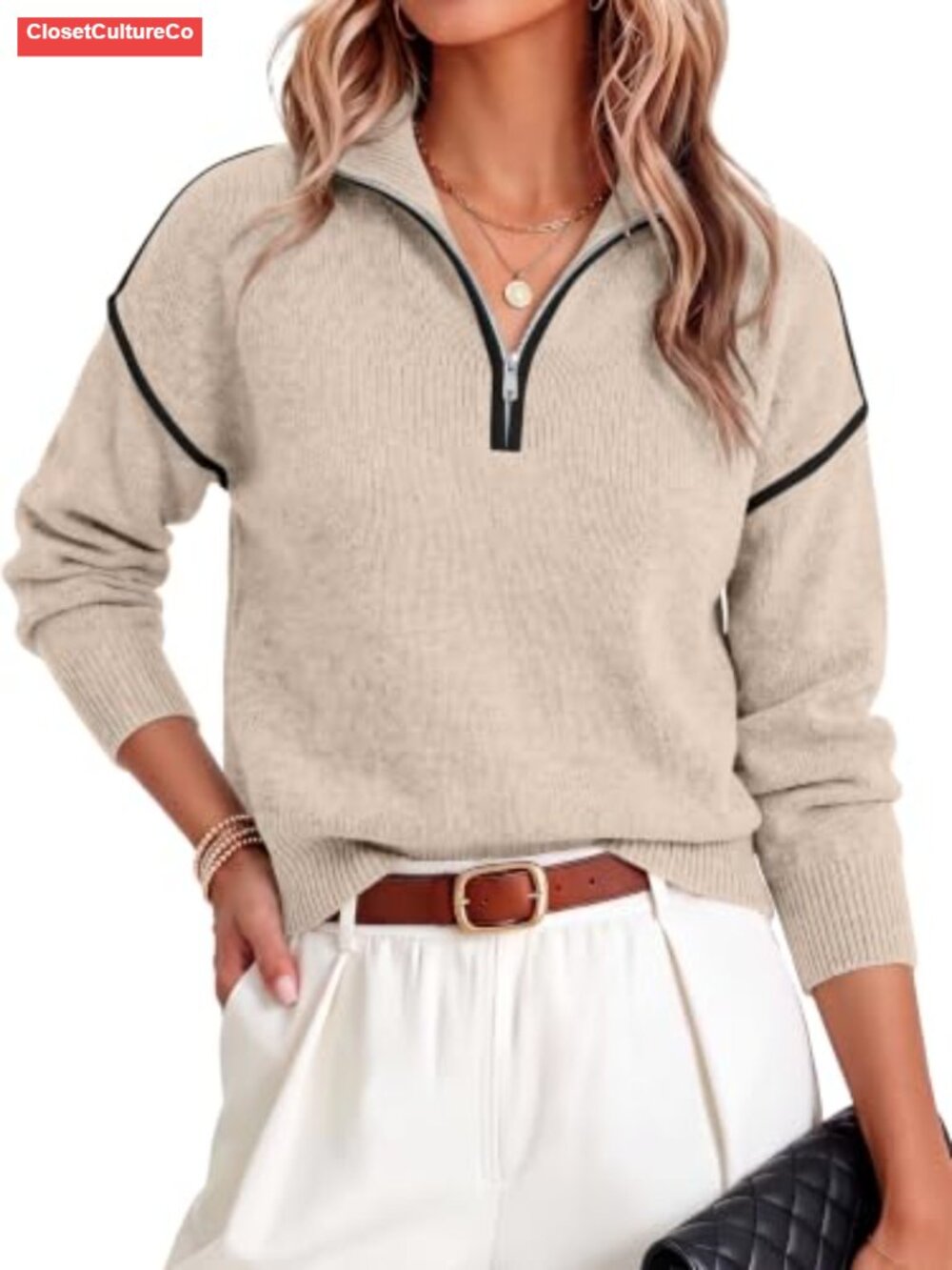 Cropped Quarter Zip Sweater Women Loose Pullover Knit Fall Top